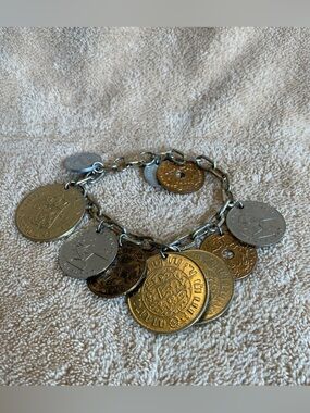 Vintage Coro Coin Bracelet MCM 1950s Actual Real World Charm 7.5" Signed